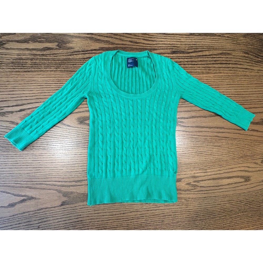 American Eagle Green Cable Knit Scoop Neck 3/4 Sleeve Cotton Sweater Womens M
